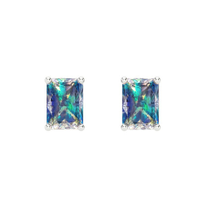 1 ctw Blue Moissanite Studs Earrings | 6x4mm Emerald Cut White Gold Push back | April Birthstone