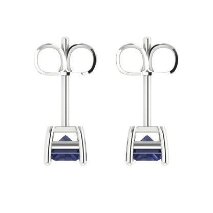 1 ctw Blue Sapphire Studs Earrings | 6x4mm Emerald Cut White Gold Push back | September Birthstone