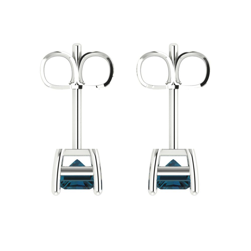 1 ctw London Blue Topaz Studs Earrings | 6x4mm Emerald Cut White Gold Push back | December Birthstone