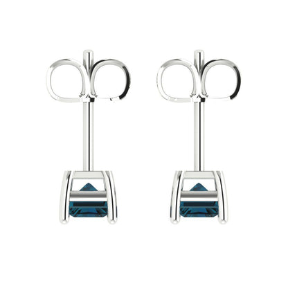 1 ctw London Blue Topaz Studs Earrings | 6x4mm Emerald Cut White Gold Push back | December Birthstone