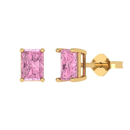 2cttw Emerald Cut Simulated Pink Diamond Gold-Plated 925 Silver Push Back Stud Earrings