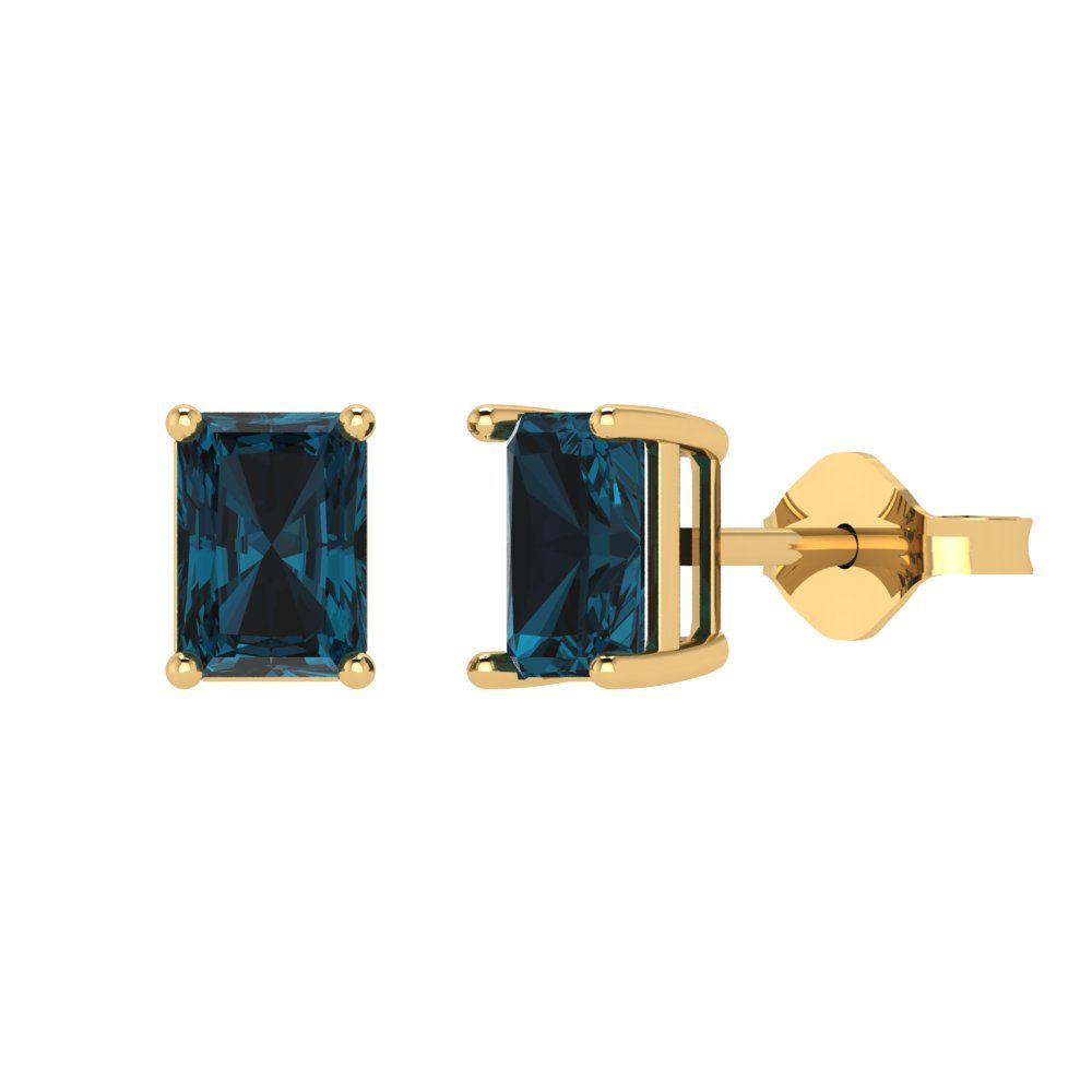 2cttw Emerald Cut Natural London Blue Topaz Gold-Plated 925 Silver Push Back Stud Earrings
