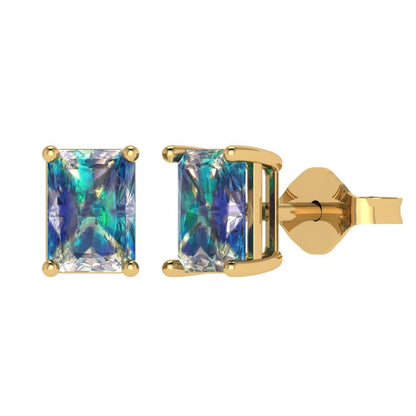 2cttw Emerald Cut Blue Moissanite Gold-Plated 925 Silver Push Back Stud Earrings