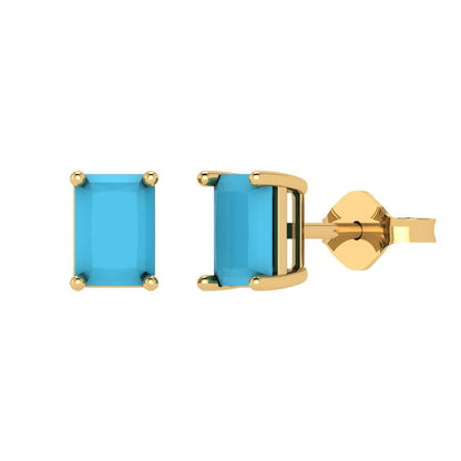 2cttw Emerald Cut Simulated Turquoise Gold-Plated 925 Silver Push Back Stud Earrings