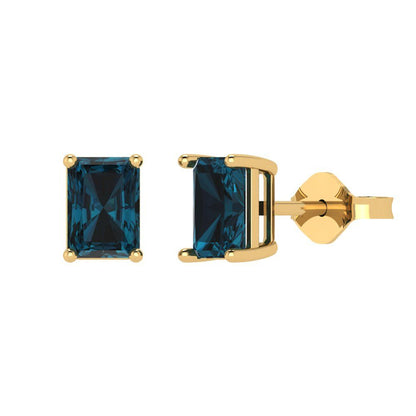 2 ctw London Blue Topaz Studs Earrings | 7x5mm Emerald Cut White Gold Push back | December Birthstone