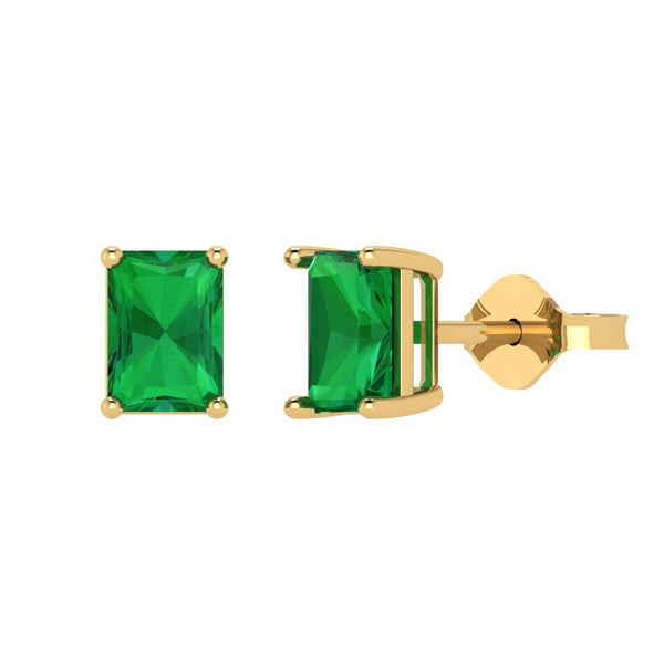 2.0 ct Brilliant Emerald Cut Solitaire Studs Simulated Emerald Stone Yellow Gold Earrings Push back