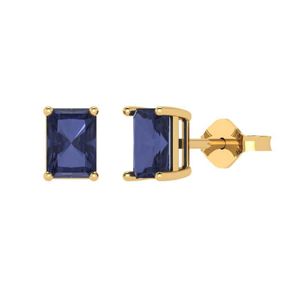 2 ctw Blue Sapphire Studs Earrings | 7x5mm Emerald Cut White Gold Push back | September Birthstone