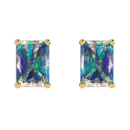 2cttw Emerald Cut Blue Moissanite Gold-Plated 925 Silver Push Back Stud Earrings