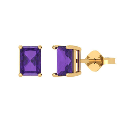 1 ctw Amethyst Studs Earrings | 6x4mm Emerald Cut White Gold Push back | February Birthstone