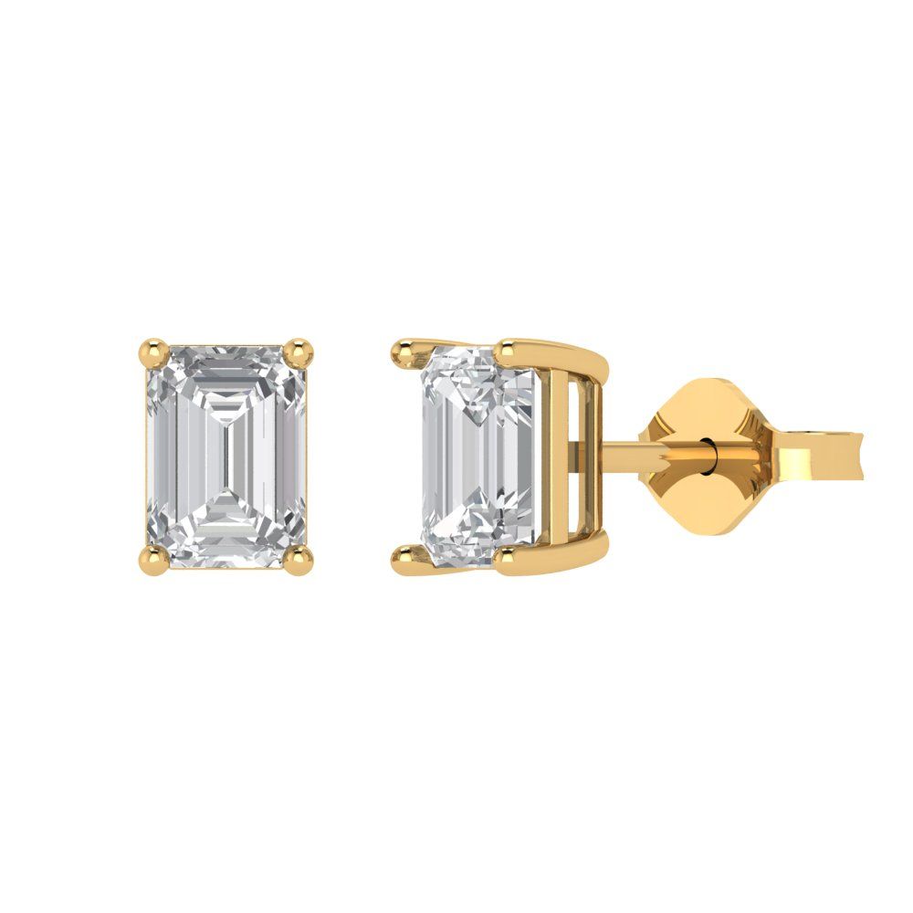 1 ctw Moissanite Studs Earrings | 6x4mm Emerald Cut White Gold Push back | April Birthstone