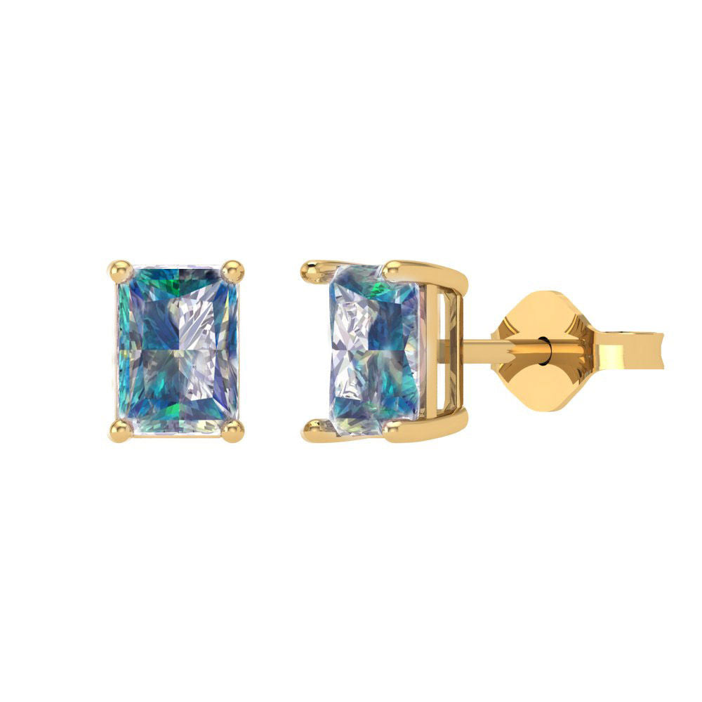 1cttw Emerald Cut Blue Moissanite Gold-Plated 925 Silver Push Back Stud Earrings