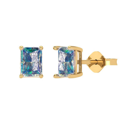 1 ctw Blue Moissanite Studs Earrings | 6x4mm Emerald Cut White Gold Push back | April Birthstone