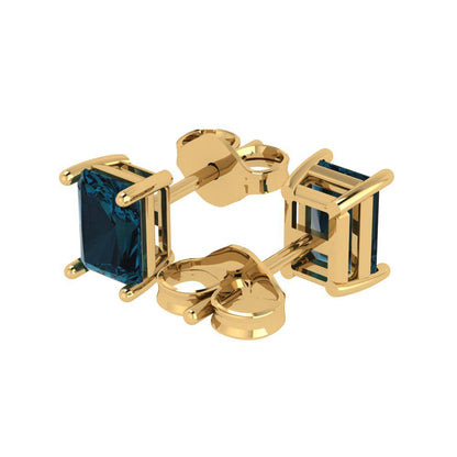 1 ctw London Blue Topaz Studs Earrings | 6x4mm Emerald Cut White Gold Push back | December Birthstone
