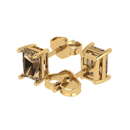 1 ctw Champagne Studs Earrings | 6x4mm Emerald Cut White Gold Push back | April Birthstone