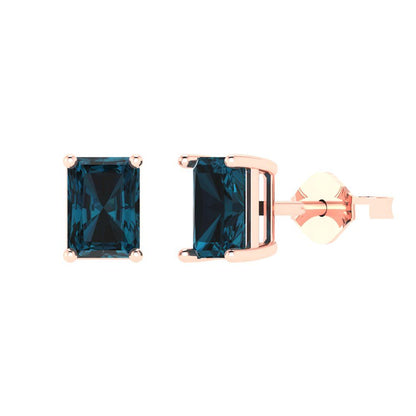 2cttw Emerald Cut Natural London Blue Topaz Gold-Plated 925 Silver Push Back Stud Earrings