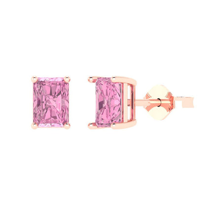 2cttw Emerald Cut Simulated Pink Diamond Gold-Plated 925 Silver Push Back Stud Earrings