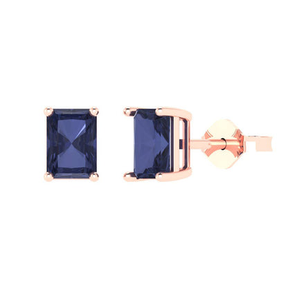 2cttw Emerald Cut Simulated Blue Sapphire Gold-Plated 925 Silver Push Back Stud Earrings