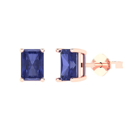 2 ctw Tanzanite Studs Earrings | 7x5mm Emerald Cut White Gold Push back | December Birthstone