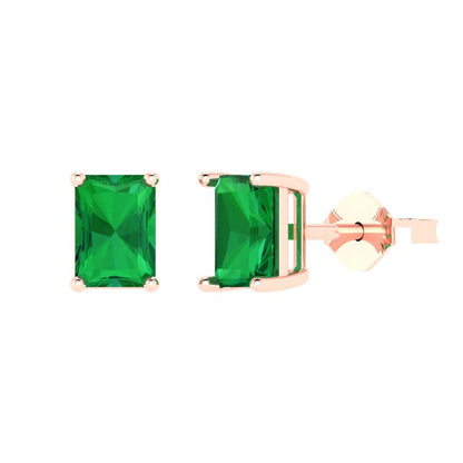 2 ctw Emerald Studs Earrings | 7x5mm Emerald Cut White Gold Push back | May Birthstone