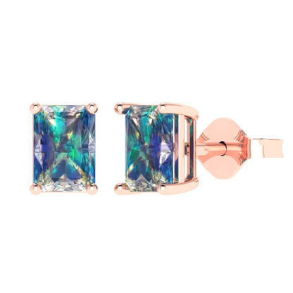 2 ctw Blue Moissanite Studs Earrings | 7x5mm Emerald Cut White Gold Push back | April Birthstone