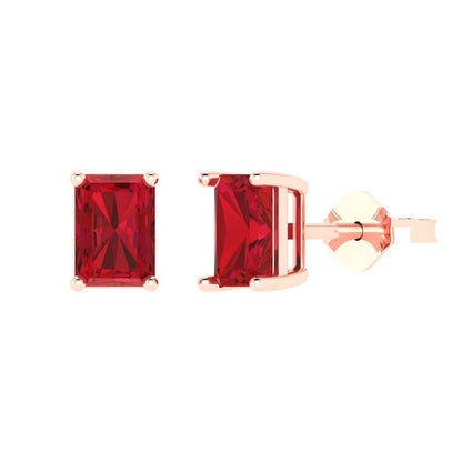 2 ctw Ruby Studs Earrings | 7x5mm Emerald Cut White Gold Push back | July Birthstone
