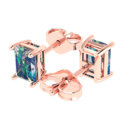 2 ctw Blue Moissanite Studs Earrings | 7x5mm Emerald Cut White Gold Push back | April Birthstone