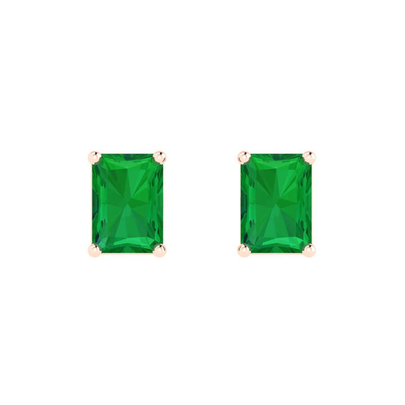 2.0 ct Brilliant Emerald Cut Solitaire Studs Simulated Emerald Stone Rose Gold Earrings Push back