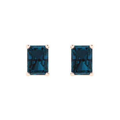 2 ctw London Blue Topaz Studs Earrings | 7x5mm Emerald Cut White Gold Push back | December Birthstone