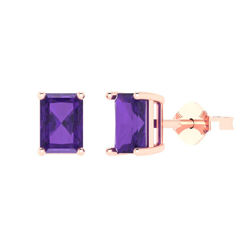 1 ctw Amethyst Studs Earrings | 6x4mm Emerald Cut White Gold Push back | February Birthstone