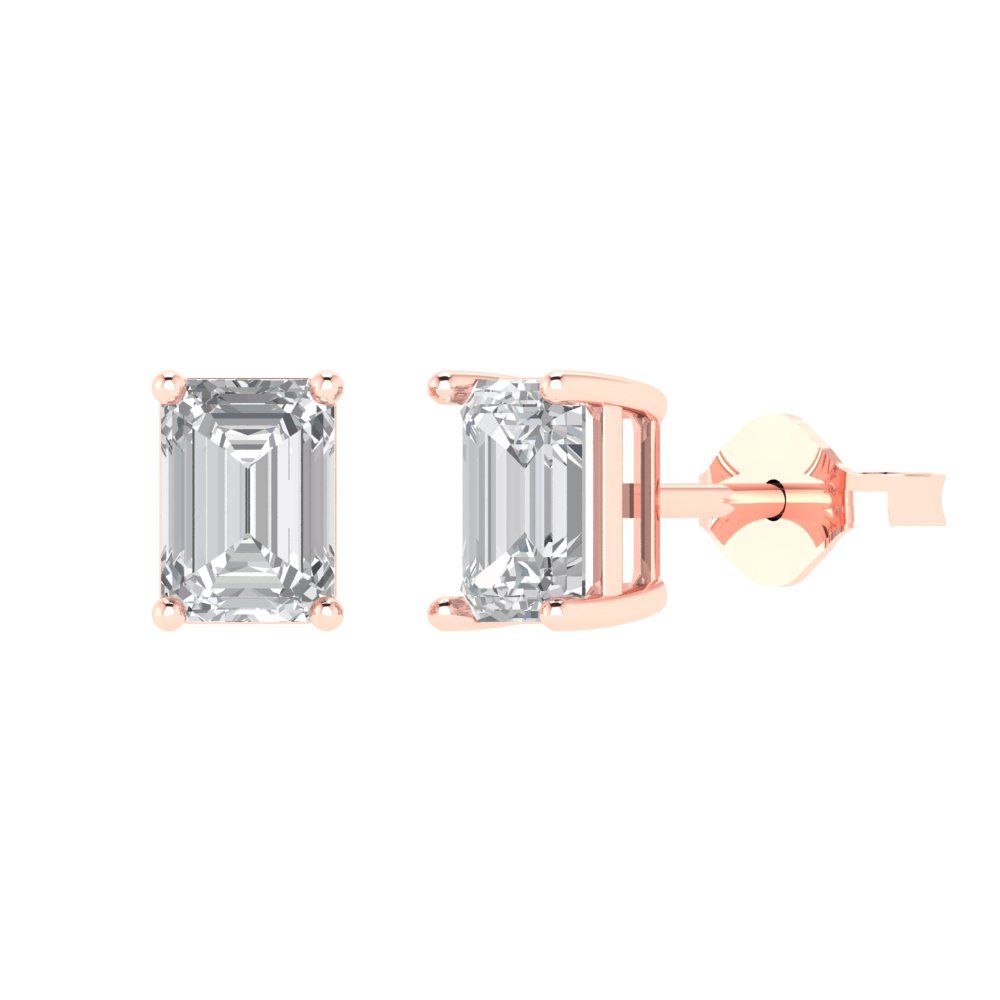 1 ctw Zirconia Diamond Studs Earrings | 6x4mm Emerald Cut White Gold Push back | April Birthstone