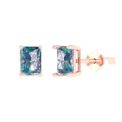 1 ctw Blue Moissanite Studs Earrings | 6x4mm Emerald Cut White Gold Push back | April Birthstone