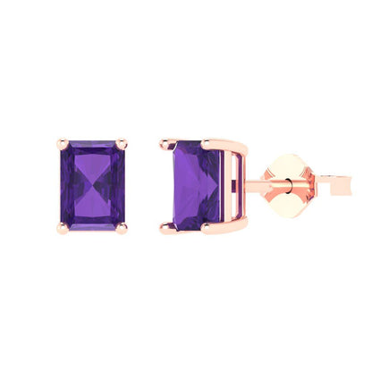 1cttw Emerald Cut Natural Amethyst Gold-Plated 925 Silver Push Back Stud Earrings