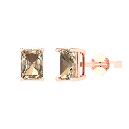 1 ctw Yellow Moissanite Studs Earrings | 6x4mm Emerald Cut White Gold Push back | April Birthstone