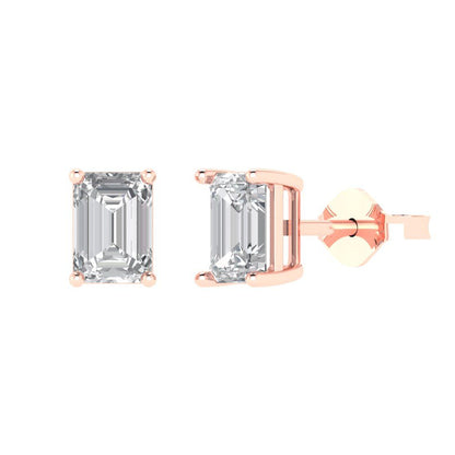 1 ctw Moissanite Studs Earrings | 6x4mm Emerald Cut White Gold Push back | April Birthstone