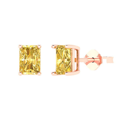 1 ctw Yellow Zirconia Studs Earrings | 6x4mm Emerald Cut White Gold Push back | April Birthstone
