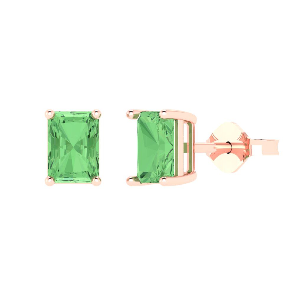 1 ctw Green Zirconia Studs Earrings | 6x4mm Emerald Cut White Gold Push back | April Birthstone