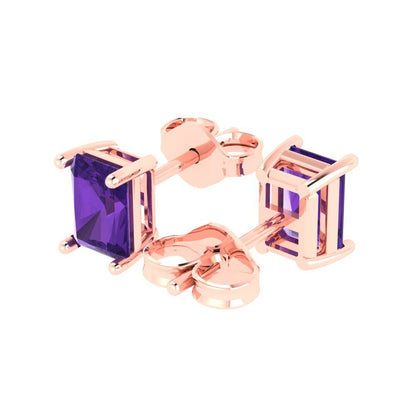 1 ctw Amethyst Studs Earrings | 6x4mm Emerald Cut White Gold Push back | February Birthstone