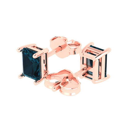 1 ctw London Blue Topaz Studs Earrings | 6x4mm Emerald Cut White Gold Push back | December Birthstone