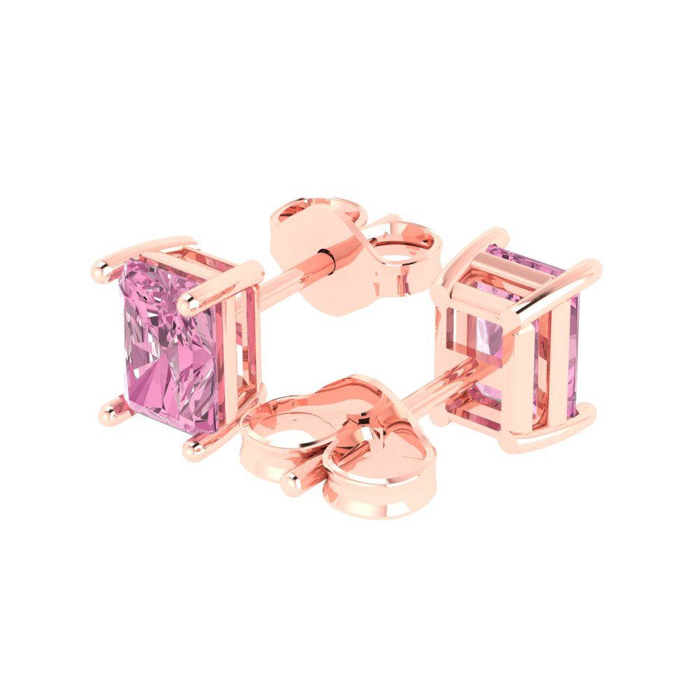 1 ctw Pink Zirconia Studs Earrings | 6x4mm Emerald Cut White Gold Push back | April Birthstone