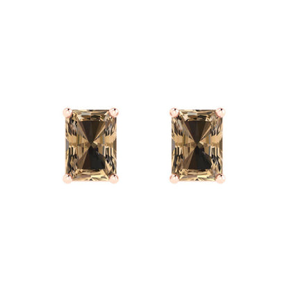 1 ctw Champagne Studs Earrings | 6x4mm Emerald Cut White Gold Push back | April Birthstone