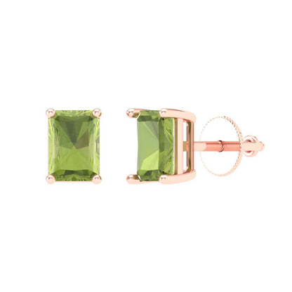 2 ctw Peridot Studs Earrings | 7x5mm Emerald Cut White Gold Screw back | August Birthstone