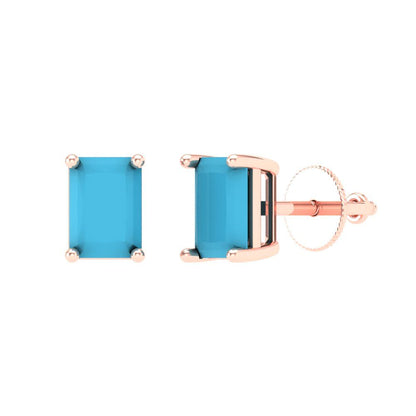 2 ctw Turquoise Studs Earrings | 7x5mm Emerald Cut White Gold Screw back | December Birthstone