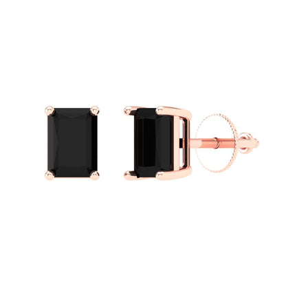 2 ctw Onyx Studs Earrings | 7x5mm Emerald Cut White Gold Screw back | July Birthstone