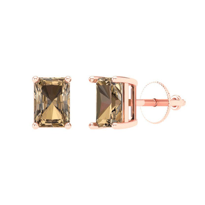2 ctw Champagne Studs Earrings | 7x5mm Emerald Cut White Gold Screw back | April Birthstone