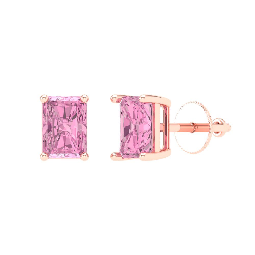 2 ctw Pink Zirconia Studs Earrings | 7x5mm Emerald Cut White Gold Screw back | April Birthstone