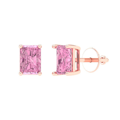 2 ctw Pink Zirconia Studs Earrings | 7x5mm Emerald Cut White Gold Screw back | April Birthstone