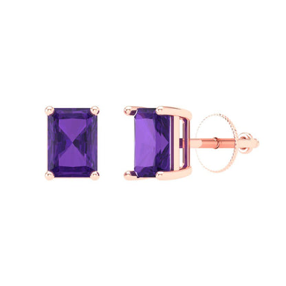 2 ctw Amethyst Studs Earrings | 7x5mm Emerald Cut White Gold Screw back | February Birthstone