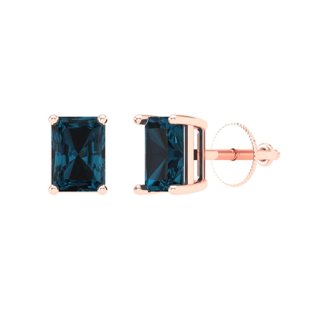 2 ctw London Blue Topaz Studs Earrings | 7x5mm Emerald Cut White Gold Screw back | December Birthstone
