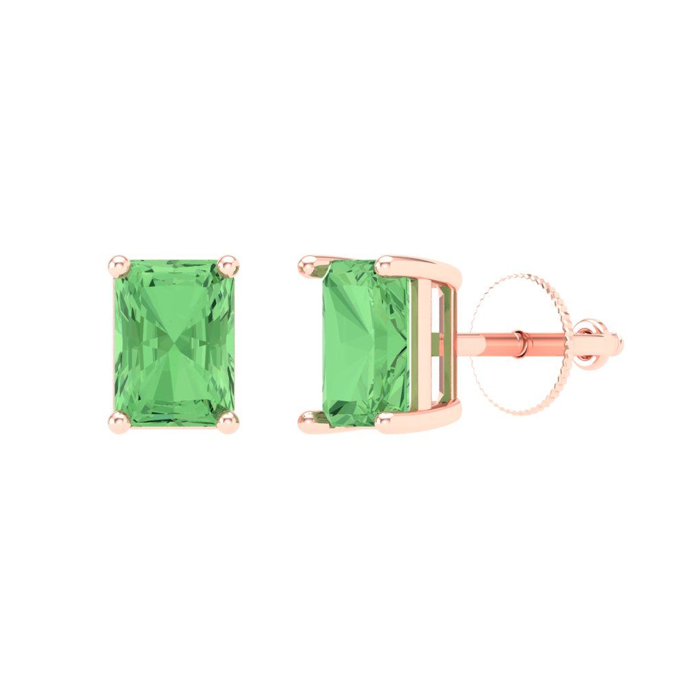 2 ctw Green Zirconia Studs Earrings | 7x5mm Emerald Cut White Gold Screw back | April Birthstone