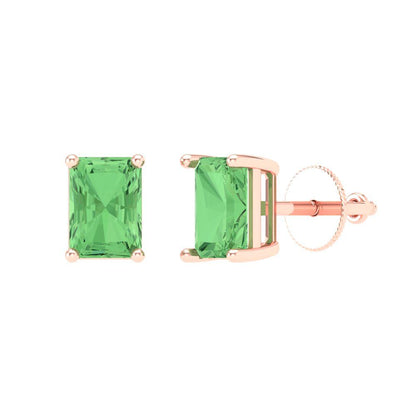 2 ctw Green Zirconia Studs Earrings | 7x5mm Emerald Cut White Gold Screw back | April Birthstone